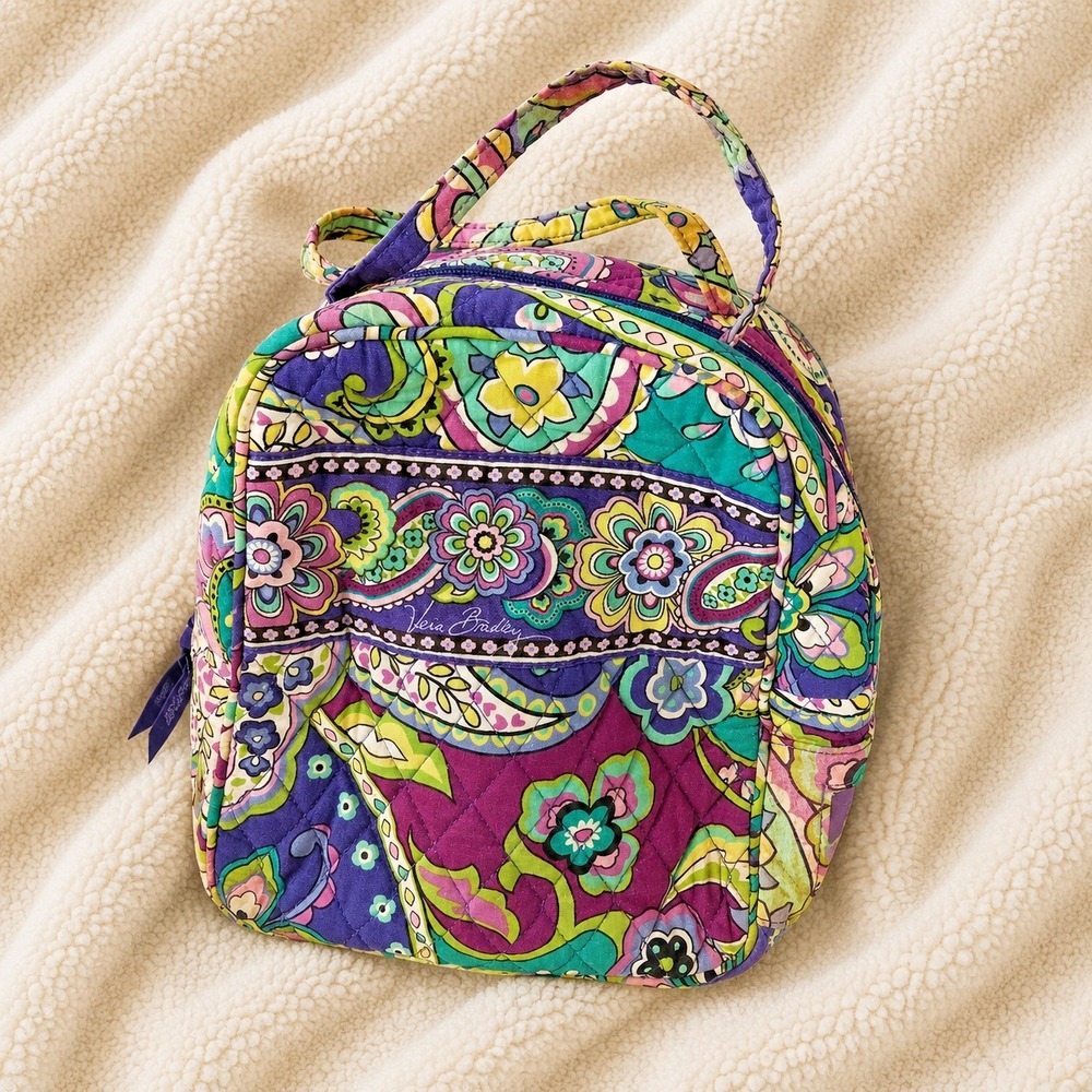 Vera Bradley Lunch Tote Purple Green Floral Paisley Quilted Insulated Bag Zip